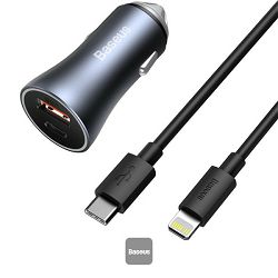 BASEUS avtopolnilec 40W USB + USB-C + kabel USB Lightning, 1m, črn